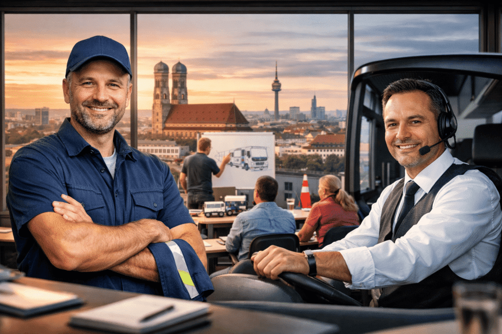 Professional driver training in Munich-Haidhausen Professional driver training in Munich-Haidhausen: Truck and bus drivers in a modern training room, training on modules 1–5 and key number 95.