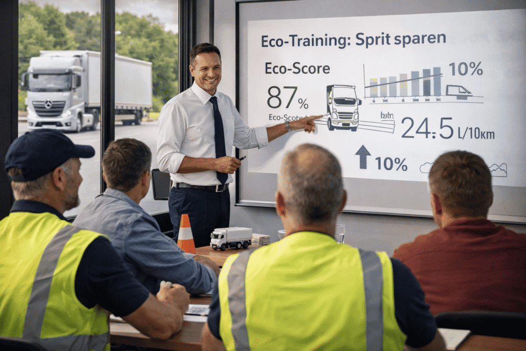 Professional driver training in Munich, Module 1: Eco training Professional driver training: Theory lessons on eco-driving: Trainer explains fuel economy and economical driving, professional drivers sit in the seminar room and follow the presentation.