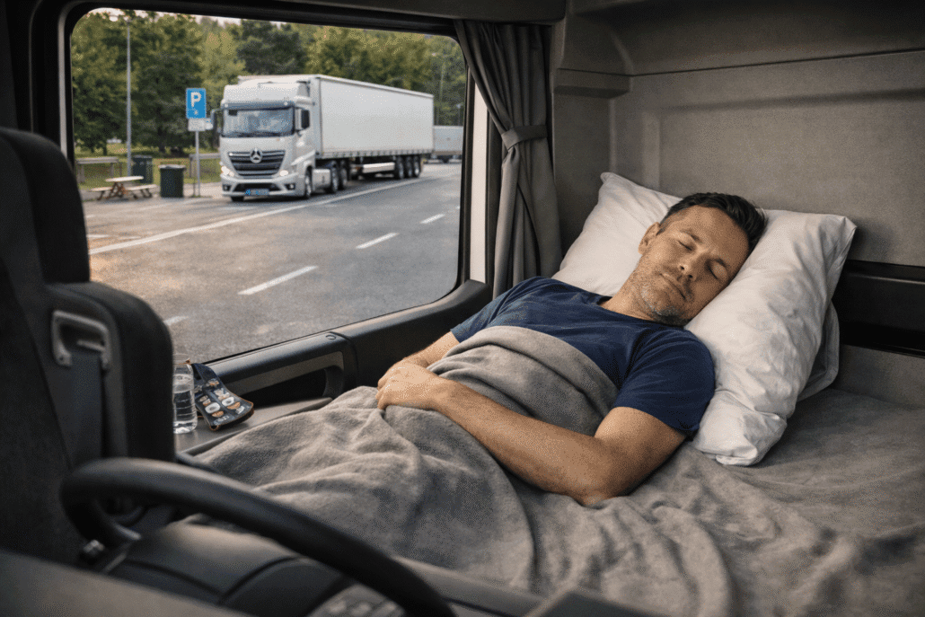 Professional driver training in Munich, Module 2: Social regulations Professional driver training: Truck driver taking a break in the sleeping area of the driver's cab at a parking lot – symbolic image for driving and rest times and legally compliant driving.