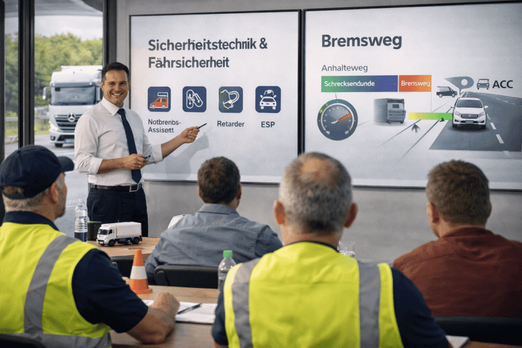 Professional driver training in Munich, Module 3: Safety technology Professional driver training – theory lessons on driving safety: Trainer explains safety technology such as emergency brake assist, retarders, and ESP, as well as braking distance graphics; professional drivers follow the presentation.