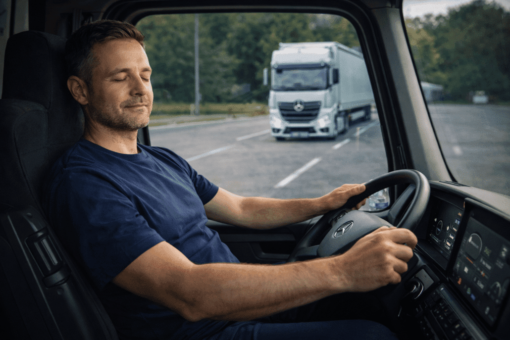 Professional driver training in Munich, Module 4: Driver control center Professional driver training: Truck driver takes a short break in the cab in a parking lot – a quiet moment to manage stress and refocus before continuing the journey.
