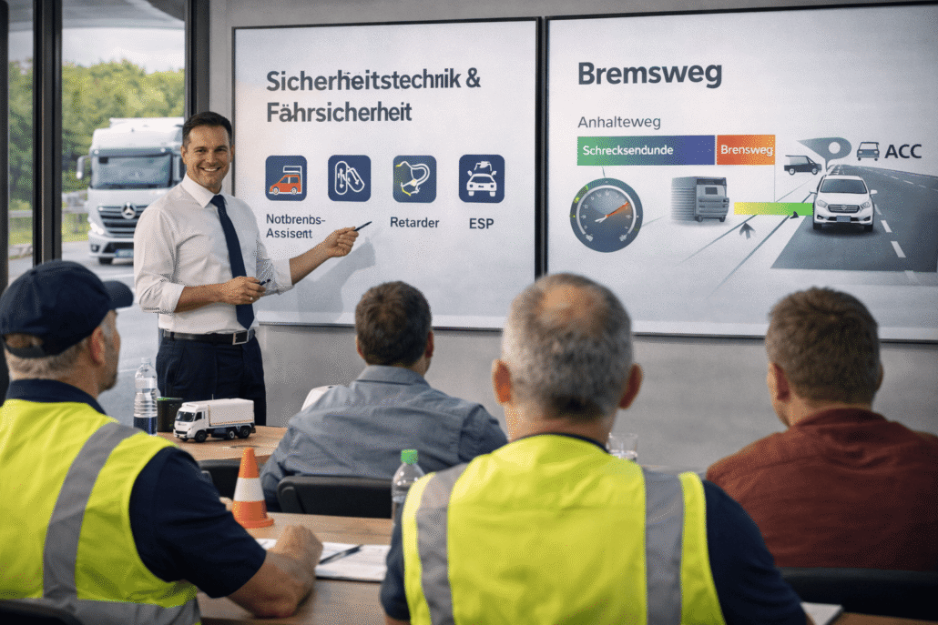Berufskraftfahrer-Weiterbildung-in-Muenchen-Modul-3-Sicherheitstechnik Berufskraftfahrer Weiterbildung - Theorieunterricht zur Fahrsicherheit: Trainer erklärt Sicherheitstechnik wie Notbremsassistent, Retarder und ESP sowie Bremsweg-Grafiken, Berufskraftfahrer verfolgen die Präsentation.