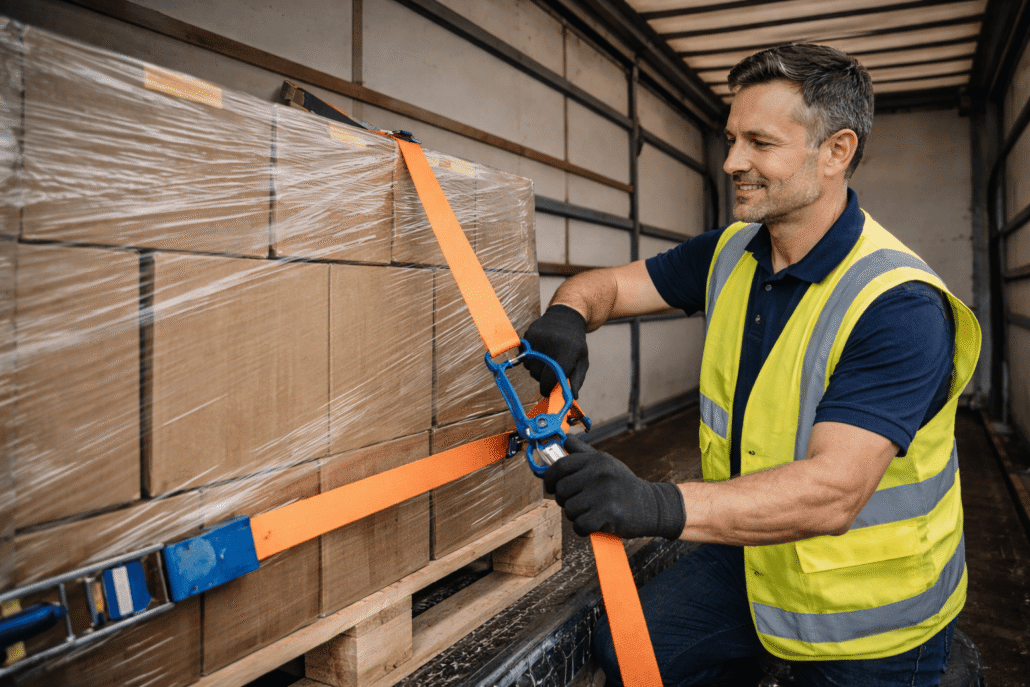 Berufskraftfahrer-Weiterbildung-in-Muenchen-Modul-5-Ladungssicherung Berufskraftfahrer Weiterbildung: LKW-Fahrer sichert palettierte Ladung im Auflieger mit Zurrgurt und Ratsche – praxisnahe Ladungssicherung zur Unfallprävention.