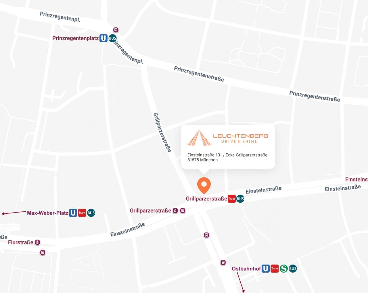 Anfahrtskarte zur Fahrschule Leuchtenberg in Haidhausen – Standort an der Einsteinstraße 131, Ecke Grillparzerstraße in München, mit U-Bahn-, Tram- und Busanbindung.