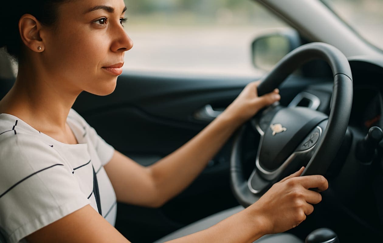 Eine junge Frau mit zusammengebundenem Haar sitzt freundlich lächelnd am Steuer eines modernen Autos, beide Hände am Lenkrad, während im unteren Bildbereich der Automatik-Schaltknüppel leicht verschwommen aber gut erkennbar sichtbar ist – natürliche Lichtverhältnisse und eine harmonische Innenraumkomposition schaffen ein realistisches Gesamtbild - Fahrschule Leuchtenberg Haidhausen München