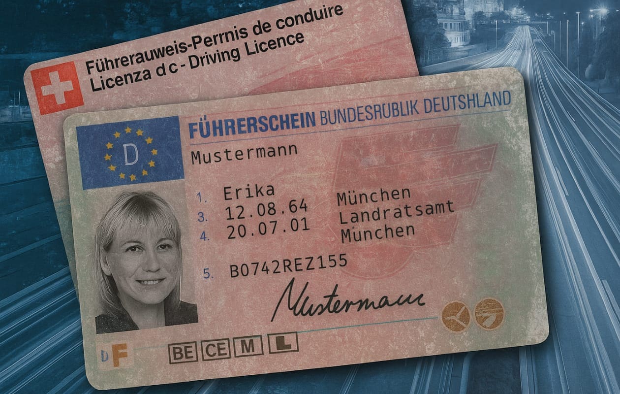Führerschein umschreiben München. Zwei Führerscheine im korrekten Größenverhältnis – ein deutscher Führerschein mit dem Namen Erika Mustermann liegt im Vordergrund, dahinter leicht versetzt ein Schweizer Führerausweis – auf einem bläulich getönten Hintergrund mit Lichtspuren einer mehrspurigen Straße bei Nacht. Fahrschule Leuchtenberg Haidhausen München